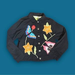 White Stag Women Black Denim Jacket  Embroidered Butterflies Flowers Size M Y2K